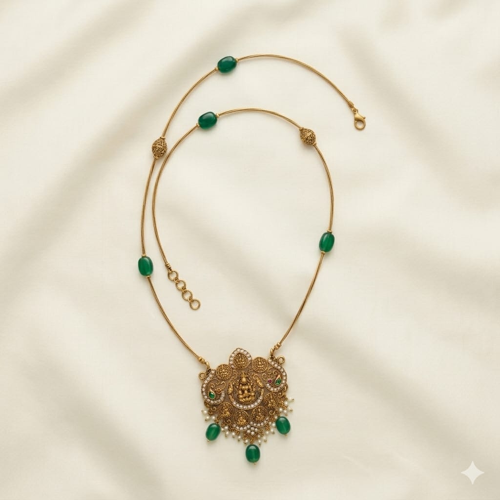 Invisible Beautiful Necklace With Green Glass Beads And Laxmi Pendent For Girls And Women