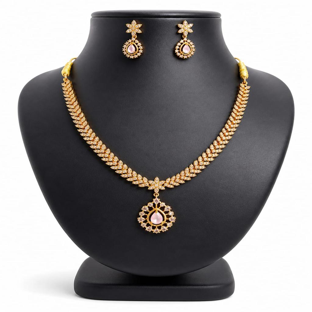 PJM Jewels - Elegants Crescent Bloom CZ Gold-Plated Necklace Set with Matching Earrings, Traditional and Party Wear
