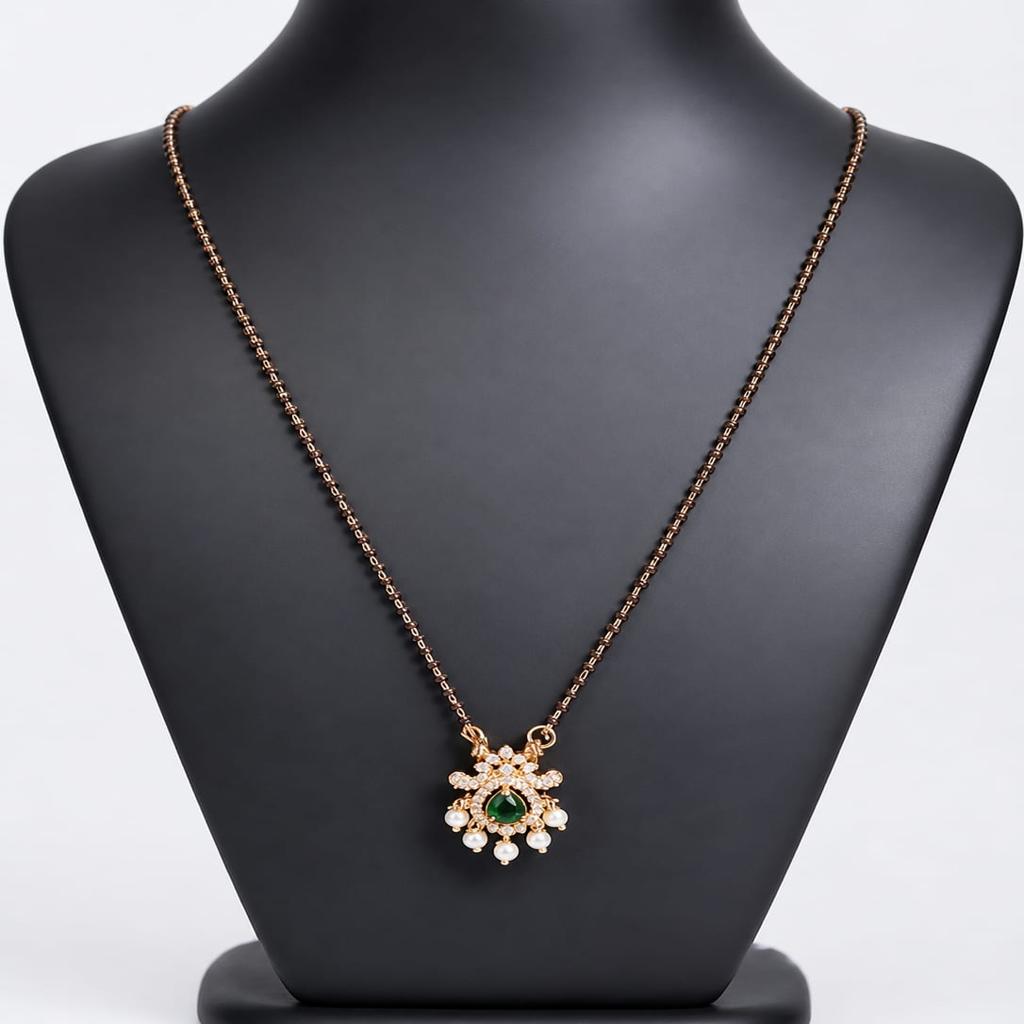 PJM Jewels - Gold Plated Designer Mangalsutra (Nallapusalu) with Green Stone Pendant